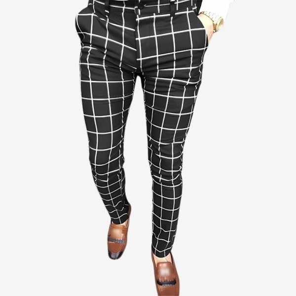 Men's Summer Pants with Checkered Pattern and Slim Fit Cut