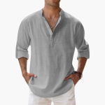 Casual Men's Linen Shirt – Long Sleeve, Henley Style - Image 4