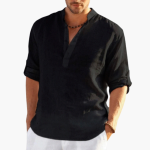 Stand Collar Linen Shirt with Button Placket for Men - Image 2