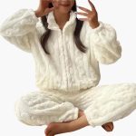 Women's Fleece Pajama Set with Zipper Top and Long Pants - Image 4