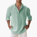 Casual Men's Linen Shirt – Long Sleeve, Henley Style - Image 9