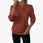 Women's pullover with zipper at the neckline and cable knit surface - Image 17