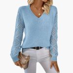 Women's Fine Knit Sweater with V-Neck and Long Sleeves - Image 4