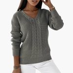 Women's Pullover with V-Neck and Cable Knit Surface