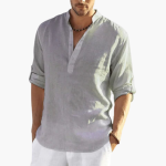 Stand Collar Linen Shirt with Button Placket for Men - Image 3