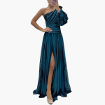 Striped One-Shoulder - Women's Elegant Maxi Dress with Slit - Image 5