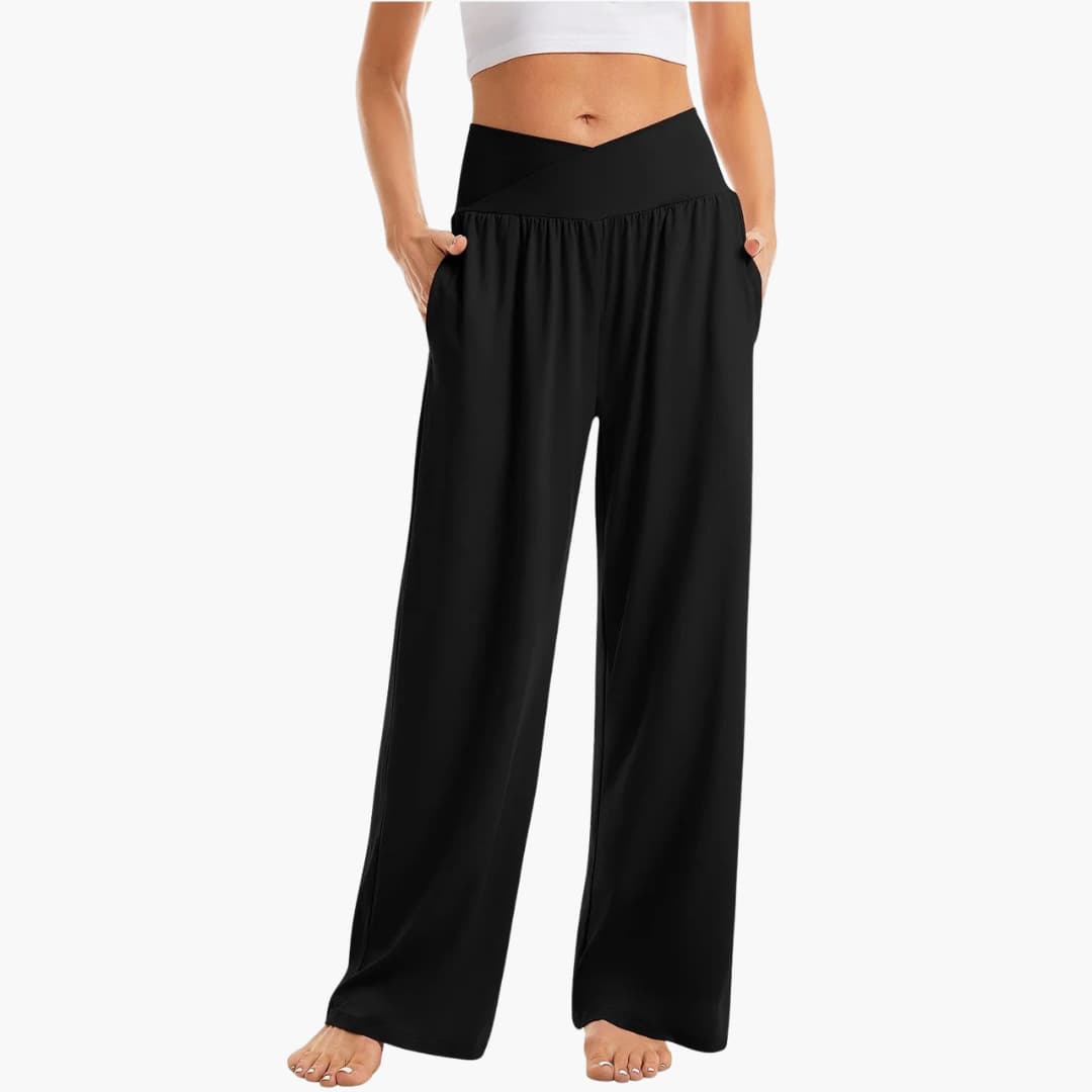 6_1_37b98997-db89-4b32-bc53-a21fd90e3d81.jpg Women's Wide-Leg Trousers with Crossed Waistband and Side Pockets - Image 1