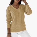 Women's Pullover with V-Neck and Cable Knit Surface - Image 6