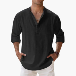 Casual Men's Linen Shirt – Long Sleeve, Henley Style - Image 6