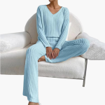 Women's Lounge Set with V-Neck and Ribbed Surface - Image 8