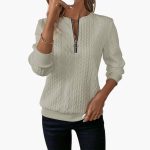 Women's pullover with zipper at the neckline and cable knit surface - Image 19