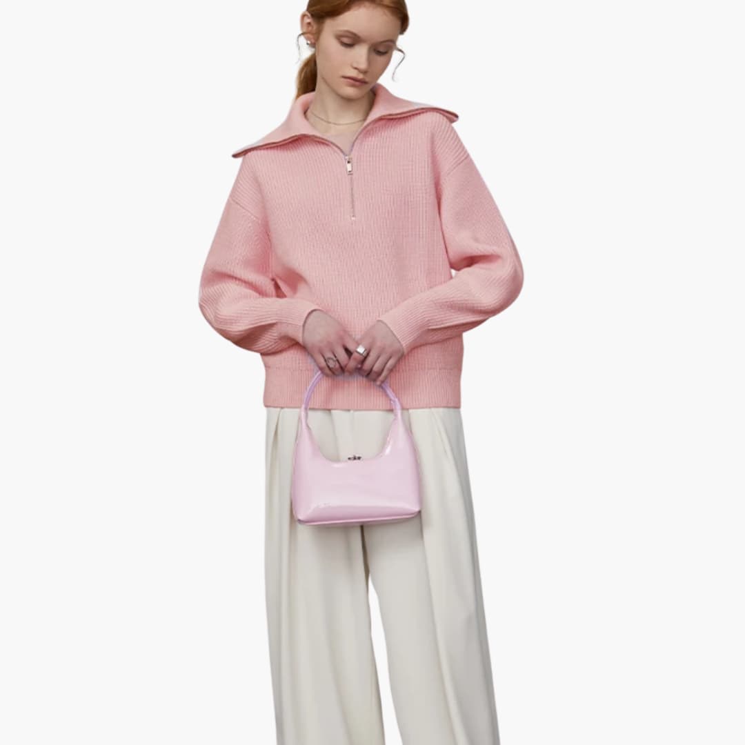 9_16_48b0d550-888f-4652-b366-efaa5e0b7e92.jpg Women's Sweater with Zip Neck and Ribbed Surface - Image 1