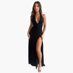 Maxi Dress with Slit & Halter Neck - Women's Evening Wear - Image 9