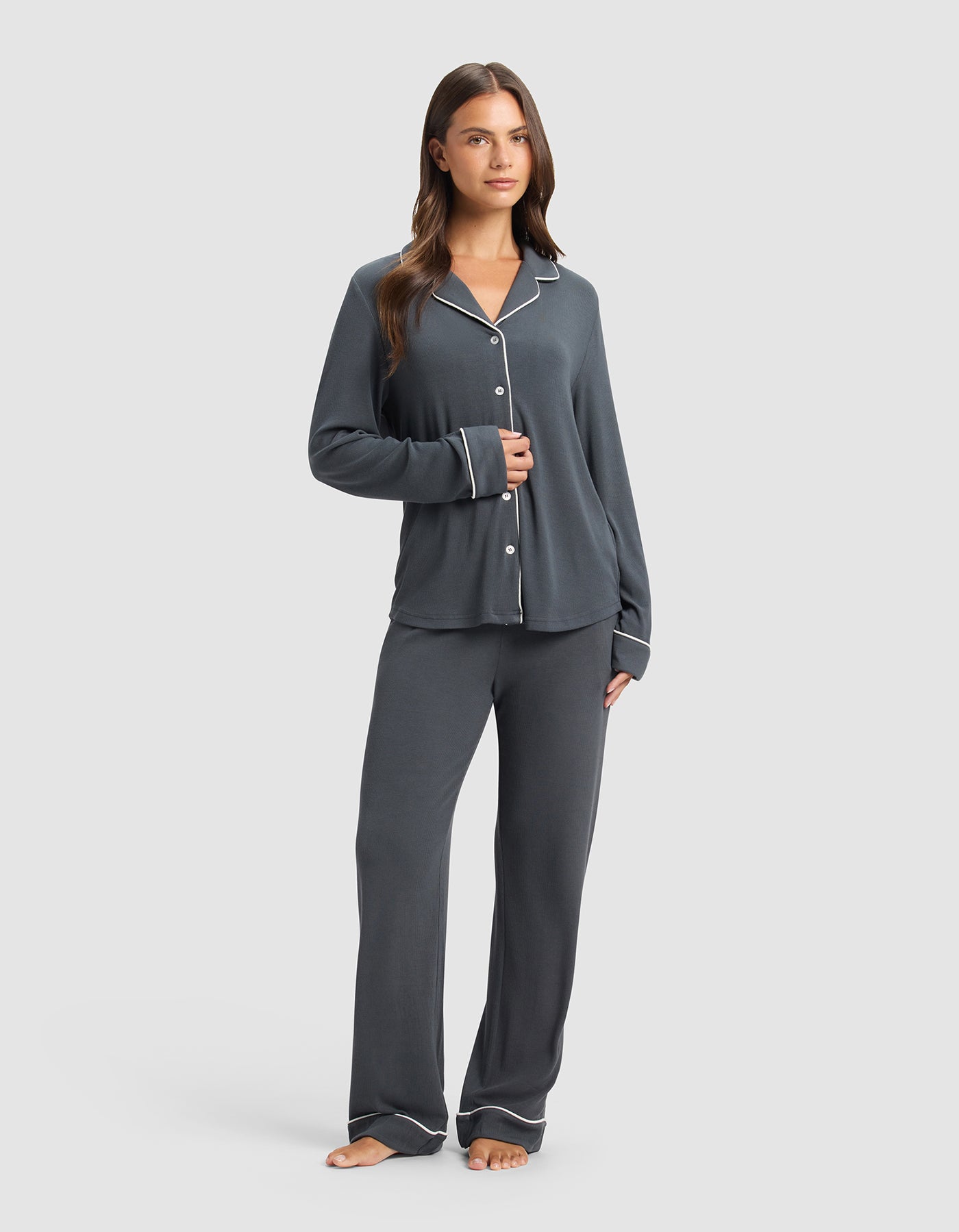 Bamboo_Rib_Knit_Long_Sleeve_Pant_Set_Graphite_1.jpg Women's Bamboo Rib-Knit Classic Long Sleeve Pajama Set - Image 1