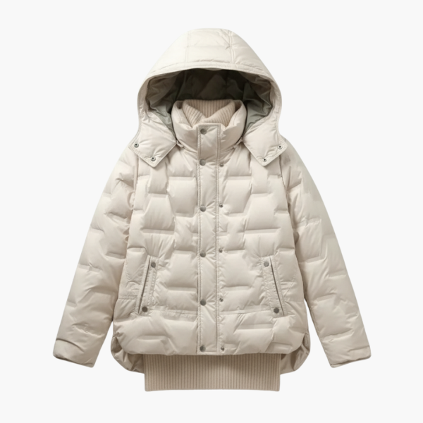Women’s Hooded Puffer Jacket with Quilted Surface and Front Snap Closure