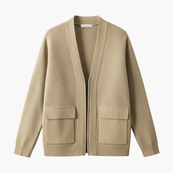 Men’s Open Front Cardigan with Long Sleeves and Patch Pockets