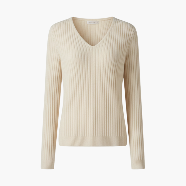 Women’s V-Neck Knitted Sweater with Long Sleeves and Ribbed Finish