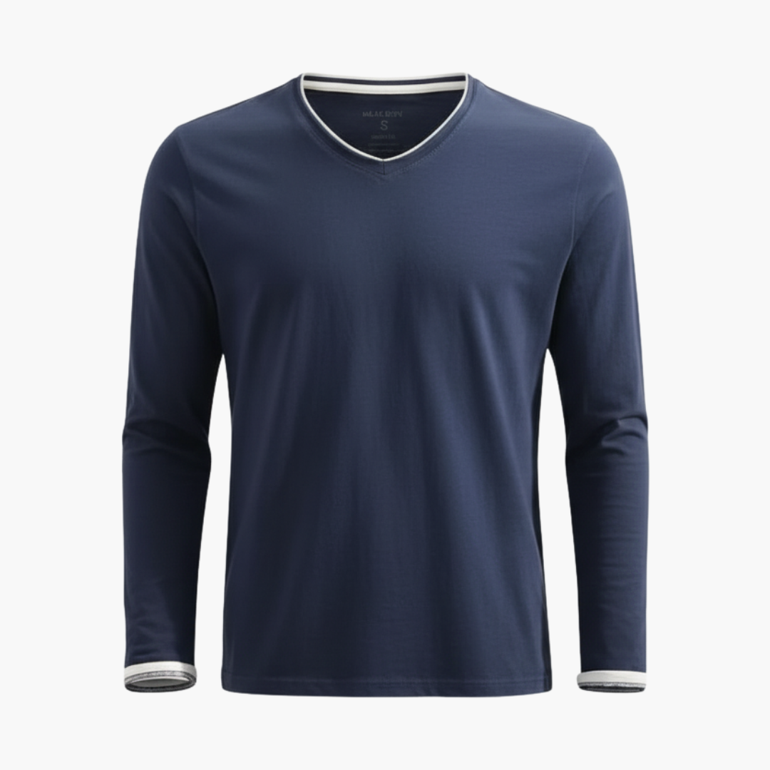 Copy_of_Wilfred_Smith_12_4317fad1-69d8-4d01-b9de-b7eb67c3eb28.png Men’s Long Sleeve Shirt with V Neck and Contrast Trim - Image 1