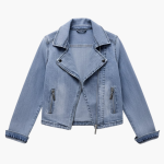 Women’s Denim Jacket with Lapel Collar and Zipper Pockets