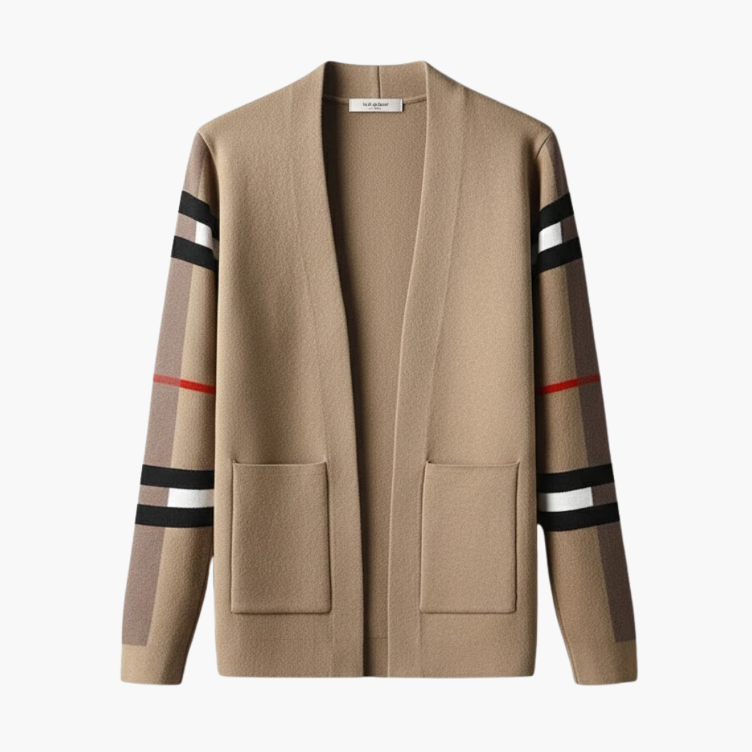 Copy_of_Wilfred_Smith_18.png Men’s Cardigan with Striped Sleeves and Front Pockets - Image 1