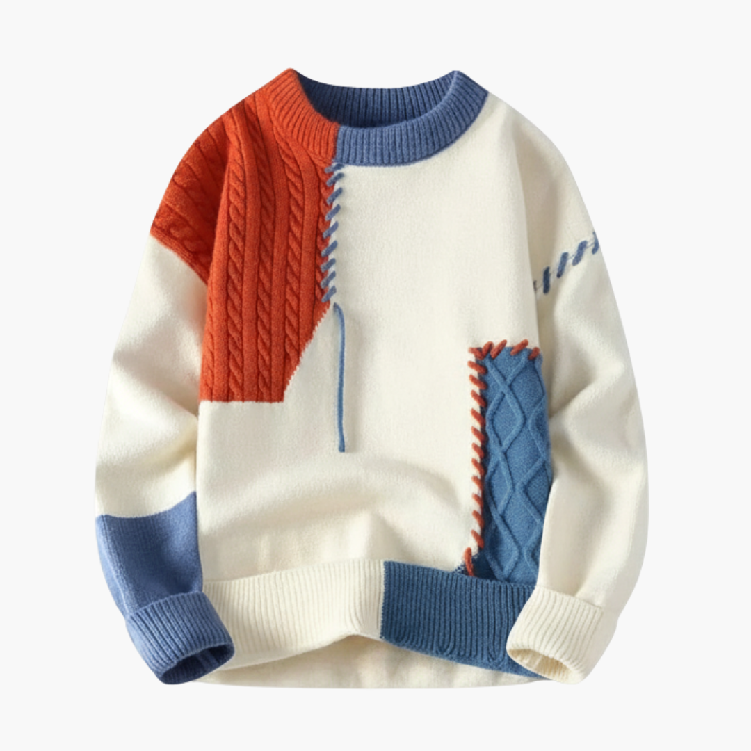 Copy_of_Wilfred_Smith_2.png Men’s Sweater with Cable Knit and Patchwork Details - Image 1