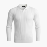 Men’s Ribbed Knit Sweater with Polo Collar and Long Sleeves