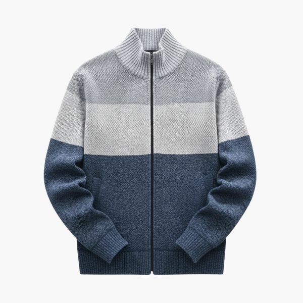 Men’s Zip Cardigan with High Collar and Color-Block Design
