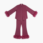 Women’s Two Piece Set with Feather Trim and Button Front