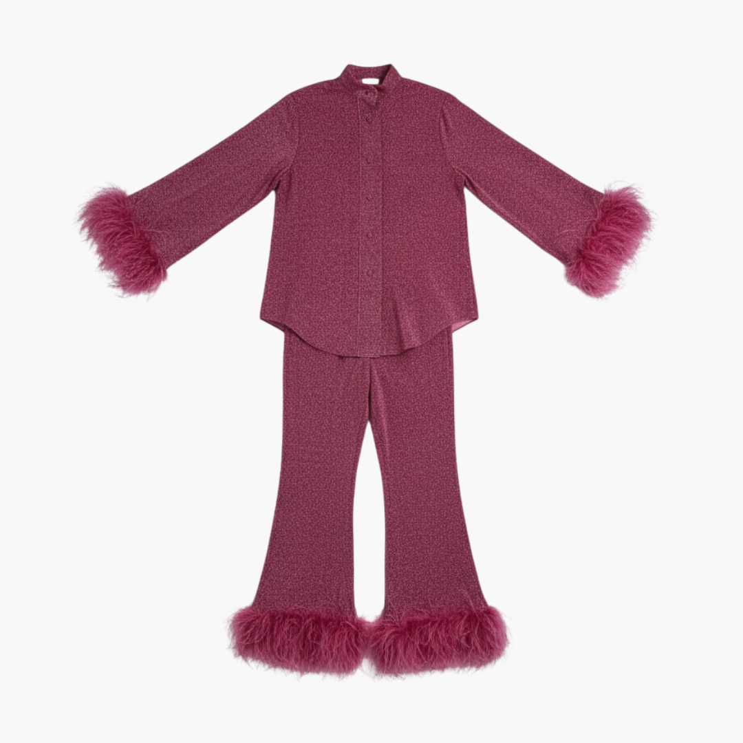 Copy_of_Wilfred_Smith_31.png Women’s Two Piece Set with Feather Trim and Button Front - Image 1