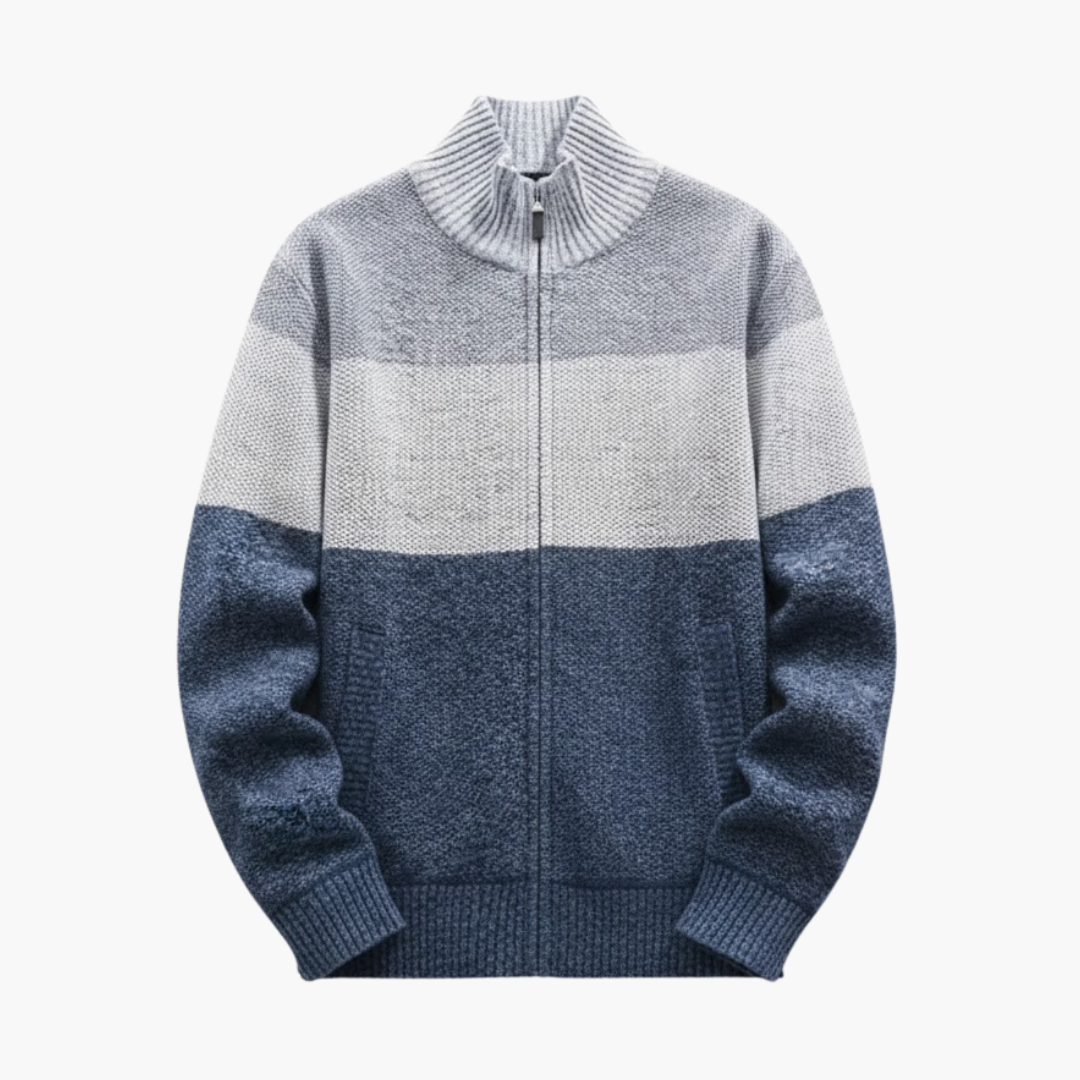 Copy_of_Wilfred_Smith_38.png Men’s Knit Zip Cardigan with High Collar and Ribbed Hem - Image 1