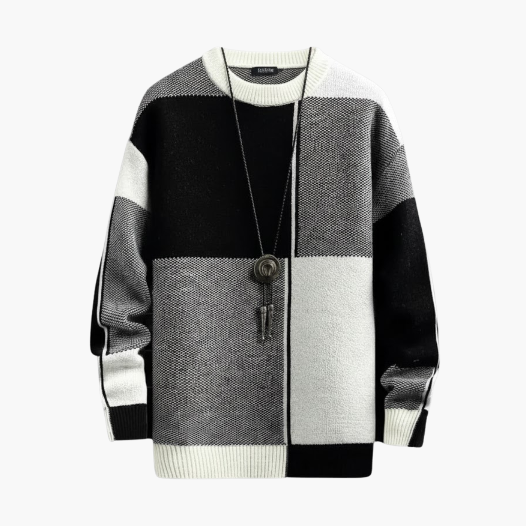 Copy_of_Wilfred_Smith_46.png Men’s Sweater with Block Pattern and Ribbed Edges - Image 1