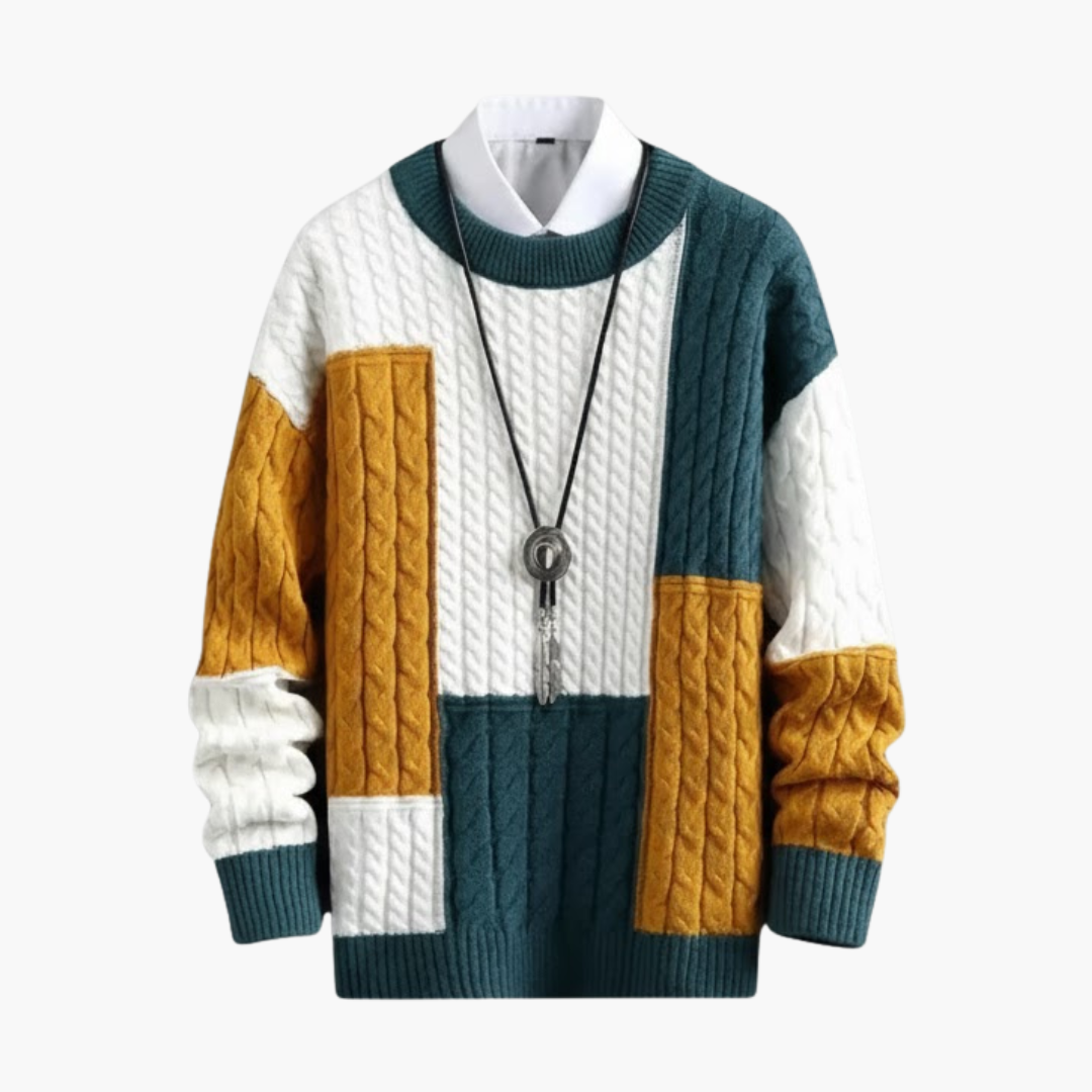 Copy_of_Wilfred_Smith_48.png Men’s Sweater with Cable Knit and Patchwork Design - Image 1