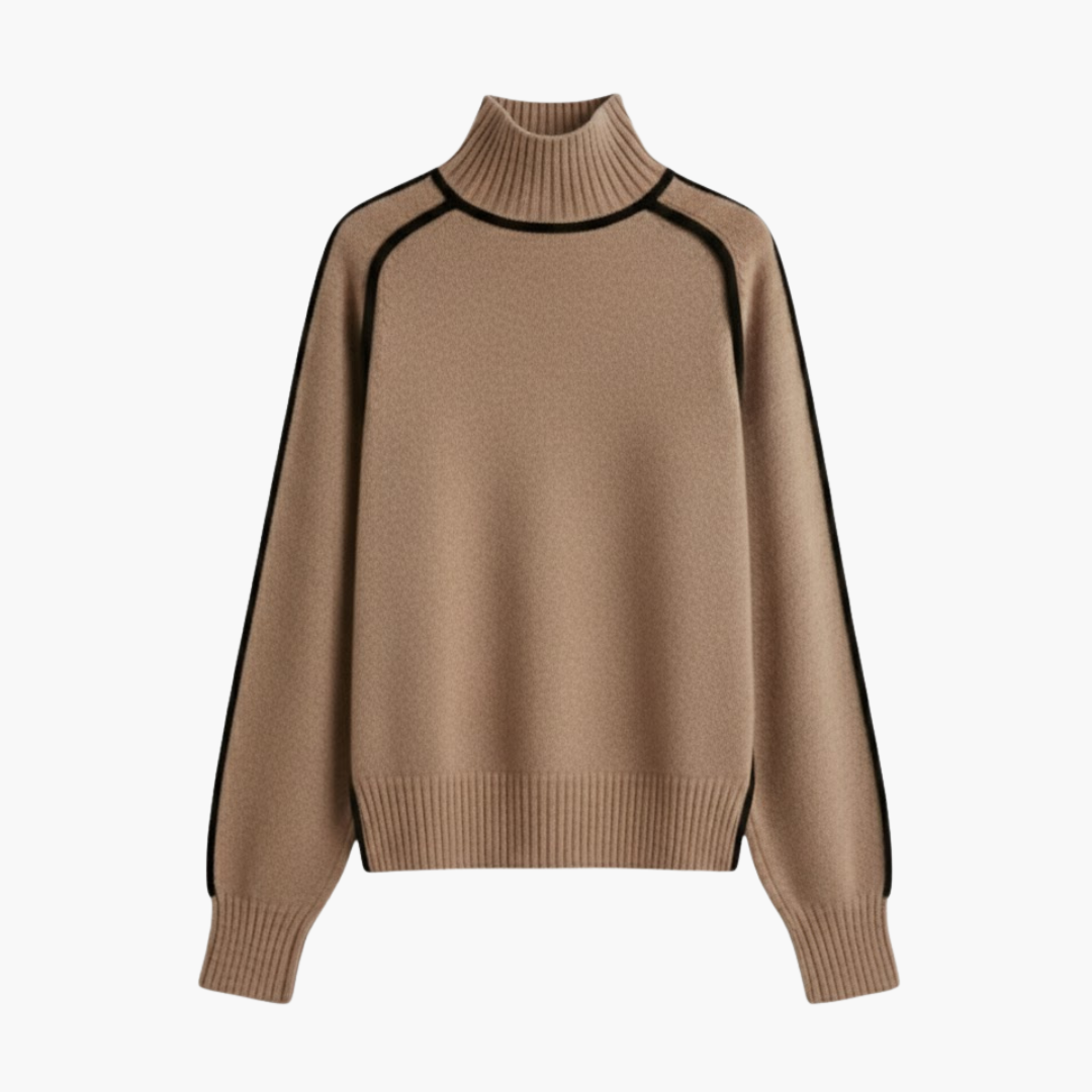 Copy_of_Wilfred_Smith_57.png Women’s Turtleneck Sweater with Ribbed Collar and Contrast Trim - Image 1