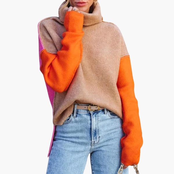 Women's Colorblock Knit Sweater with High Collar