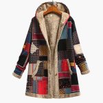 Women's Hooded Jacket with Buttons and Patchwork Surface