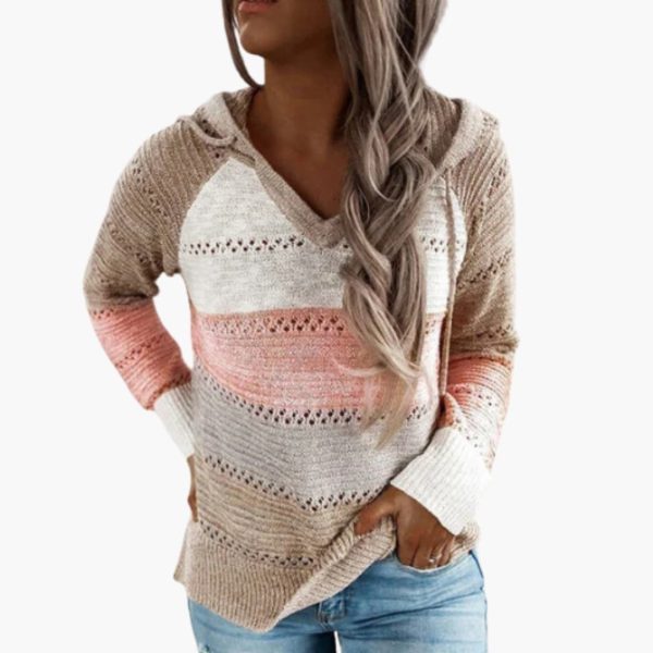 Women's Hooded Sweater with Stripes and Long Sleeves