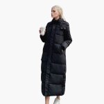 Women's Long Winter Coat with Hood and Button Closure