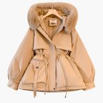 Women's Red Parka with Hood and Adjustable Waist - Image 4