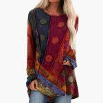 Women's Long Sleeve Tunic with Artistic Patchwork Pattern - Image 3