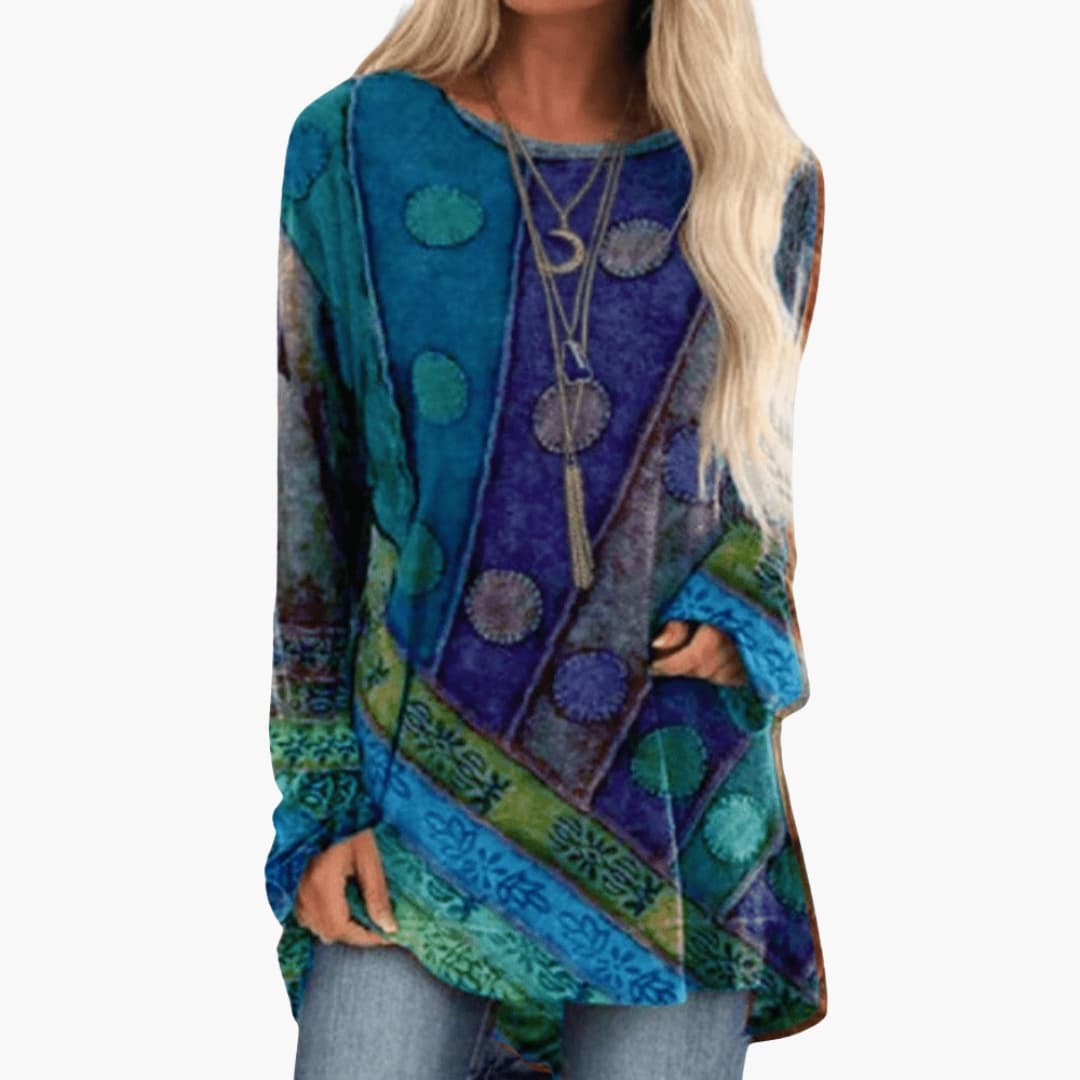DamenPullovermitlangenArmeln_3.jpg Women's Long Sleeve Tunic with Artistic Patchwork Pattern - Image 1