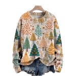Women's Knit Sweater with Tree Pattern and Round Neckline - Image 2