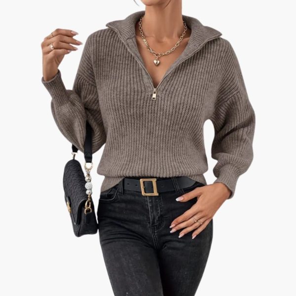 Women's Knit Sweater with Half Zip and Ribbed Knit