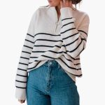 Women's Knit Sweater with Half Zip and Striped Pattern - Image 2