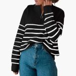 Women's Knit Sweater with Half Zip and Striped Pattern - Image 3