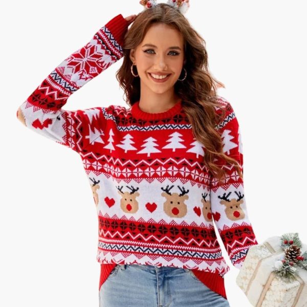 Women's Knit Sweater with Lining and Reindeer Motif