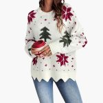 Women's Knit Sweater with Round Neck and Festive Pattern