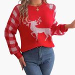 Women's Knit Sweater with Round Neck and Festively Woven Motifs