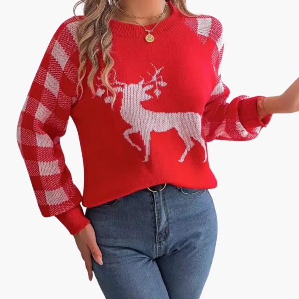 Women's Knit Sweater with Round Neck and Festively Woven Motifs
