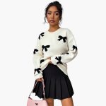 Women's Knit Sweater with Bow Pattern - Image 2