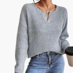 Women's Knit Sweater with Slit Neckline - Image 4